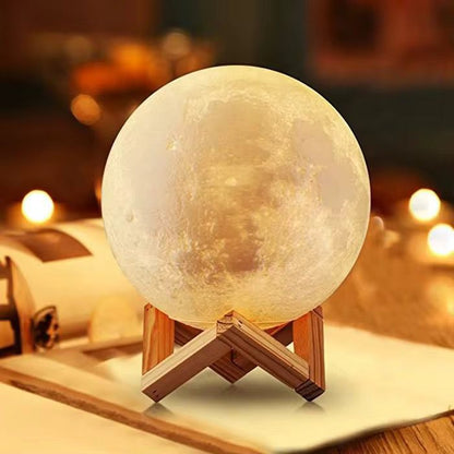 3D Printed Moon Lamp Lunar Night Light with Wooden Stand