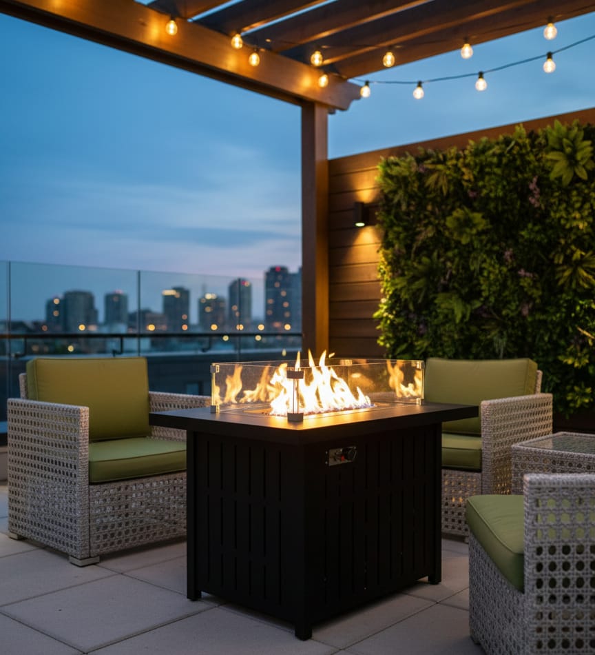 Outdoor propane gas fire pit table with tempered glass top and wind guard