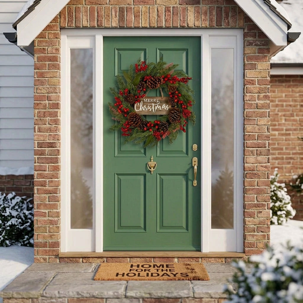 50cm Handmade Christmas Door Wreath with Red Berries, Pinecones and Merry Christmas Sign