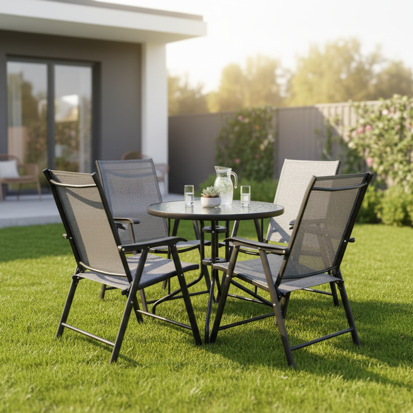 Outdoor  Dining Set With Glass Table And Folding Mesh Chairs
