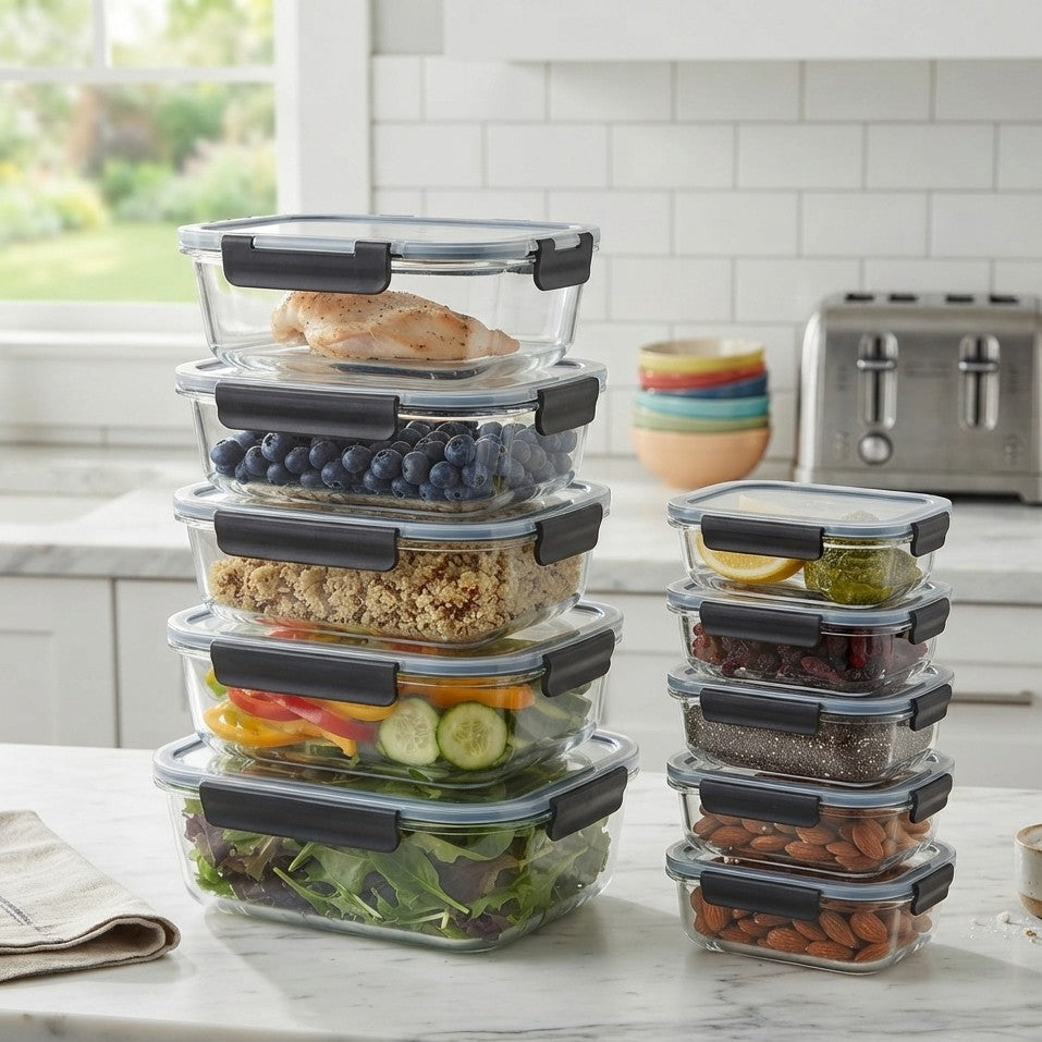 10 piece food grade glass storage container set with five 1040 ml and five 420 ml containers, microwave, oven, dishwasher, and freezer safe.