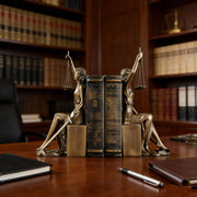 Lady Justice bronze finish bookend statue with classical Greek and Roman inspired design for bookshelf décor and legal professional gifting.