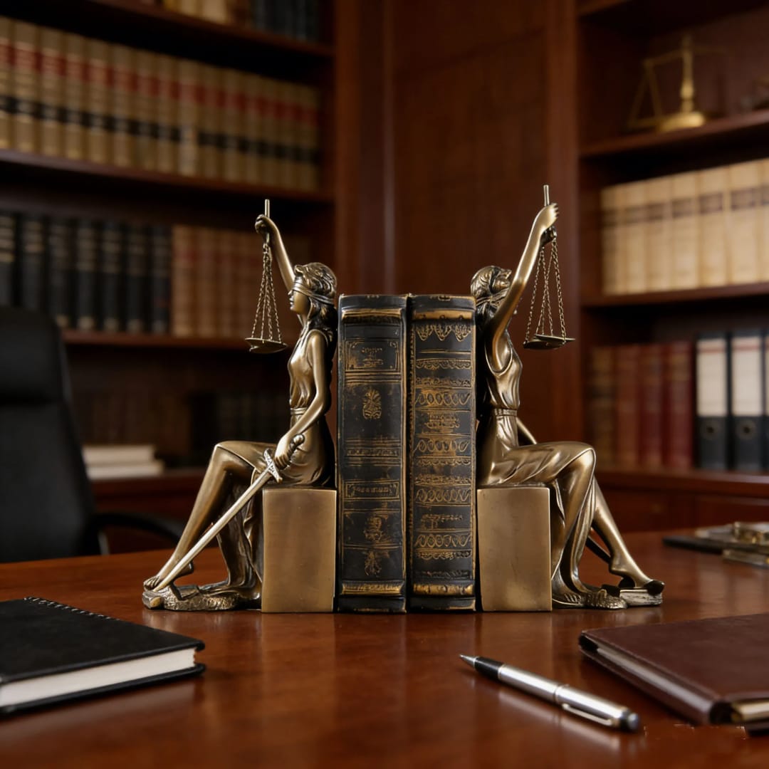 Lady Justice bronze finish bookend statue with classical Greek and Roman inspired design for bookshelf décor and legal professional gifting.
