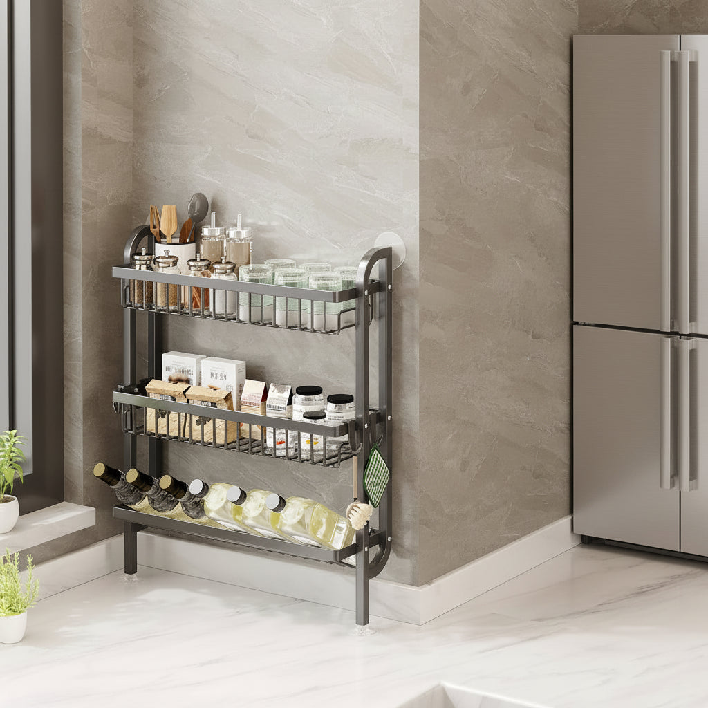 3 tier grey wall mounted kitchen storage rack with rust resistant metal frame