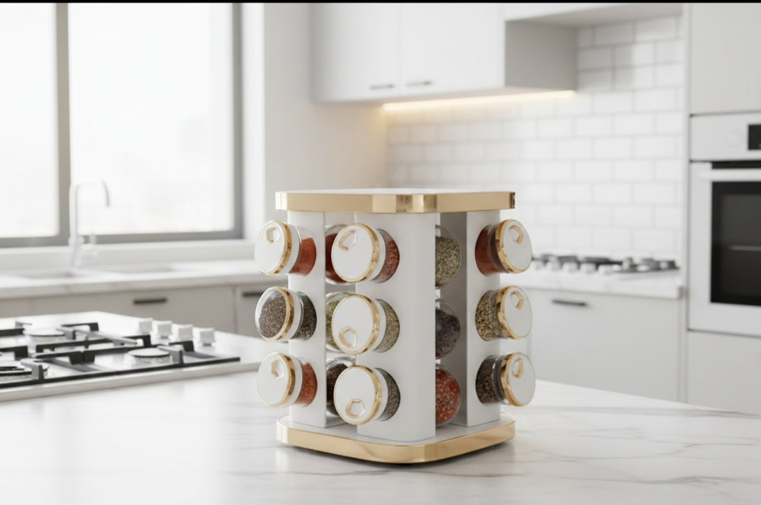 12-piece rotatable marble white spice rack set for kitchen organization.