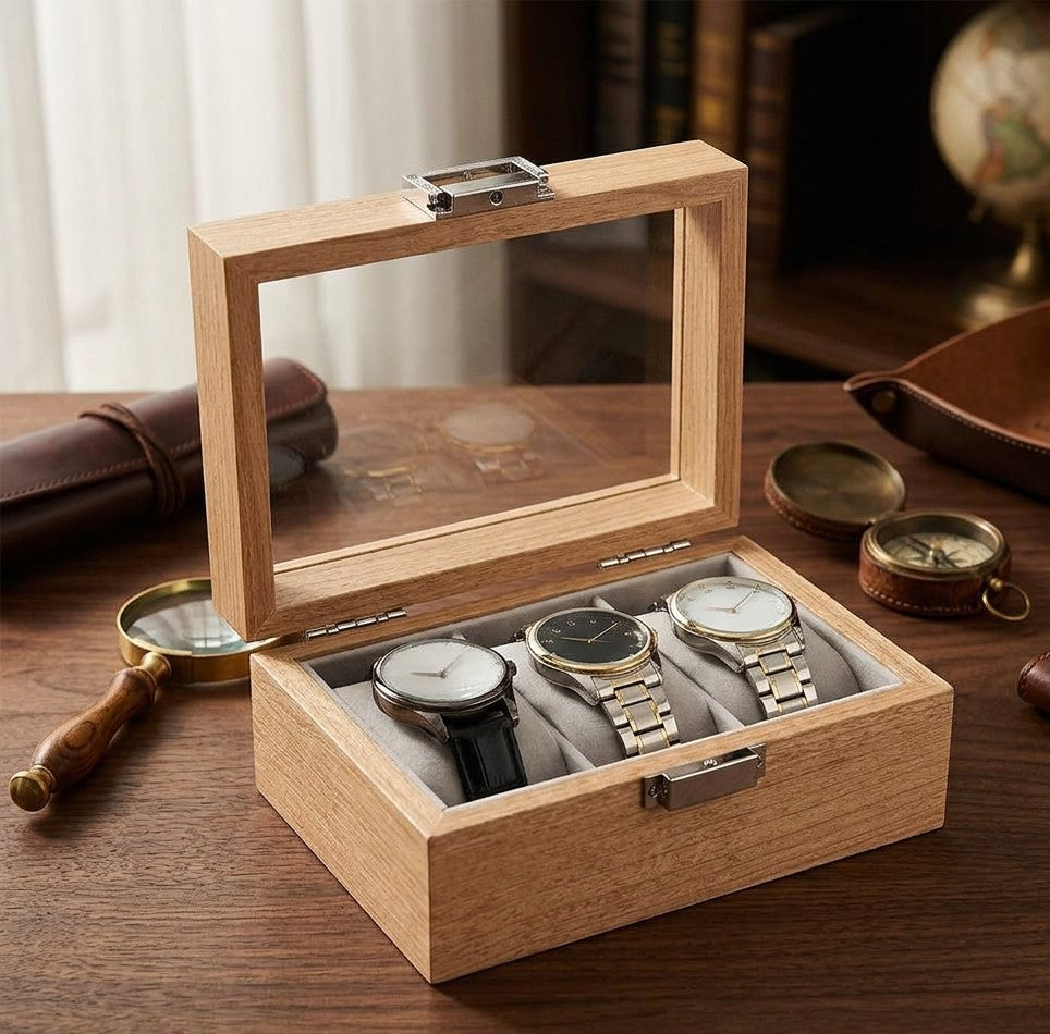 Wooden watch organizer with three slots and glass top, compact jewelry storage case for watches and accessories. 