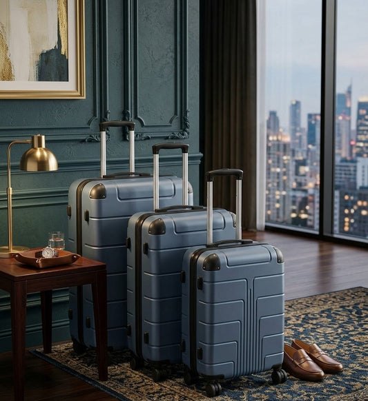 3-piece luxurious fibre suitcase luggage set with zipper closure, telescopic handle, and 360-degree spinner wheels in three sizes.