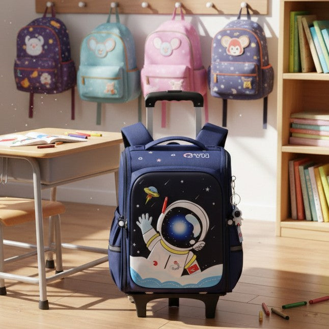 Alt Text
Rolling trolley school bag with wheels, waterproof design, available in blue, pink, and blue-pink