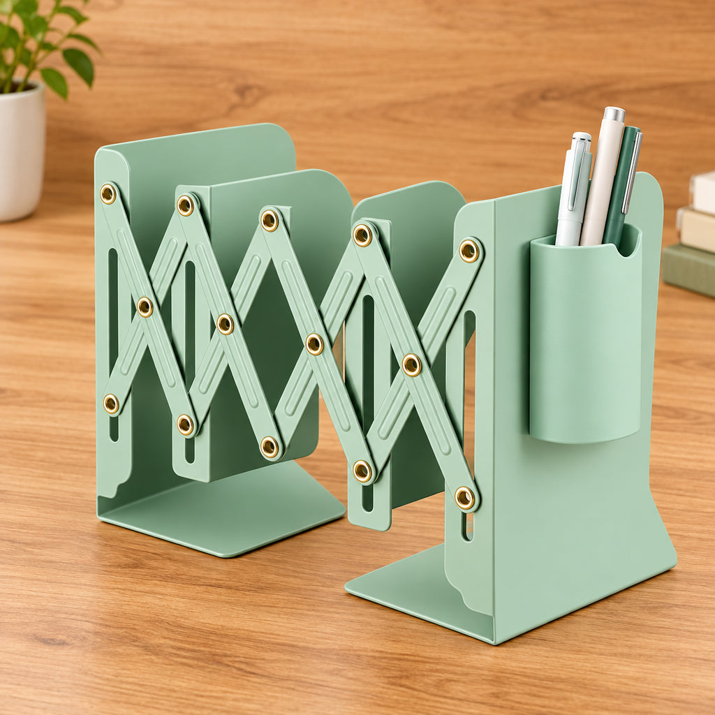 Expandable Metallic Bookshelf with Pen Holder
