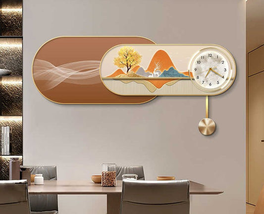 Luxury abstract geometric wall art mural with clock, crystal porcelain print for modern home or office décor. 