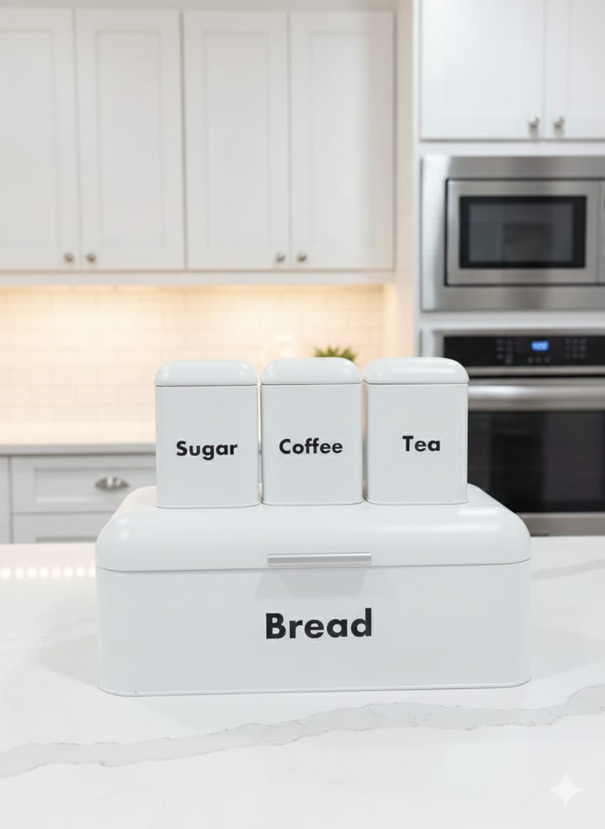 Nordic bread bin with three canister set and gold accents for kitchen storage organization