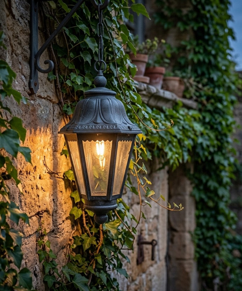 Black ornamental outdoor hanging lantern lamp with clear glass, E27 waterproof exterior lighting fixture. 