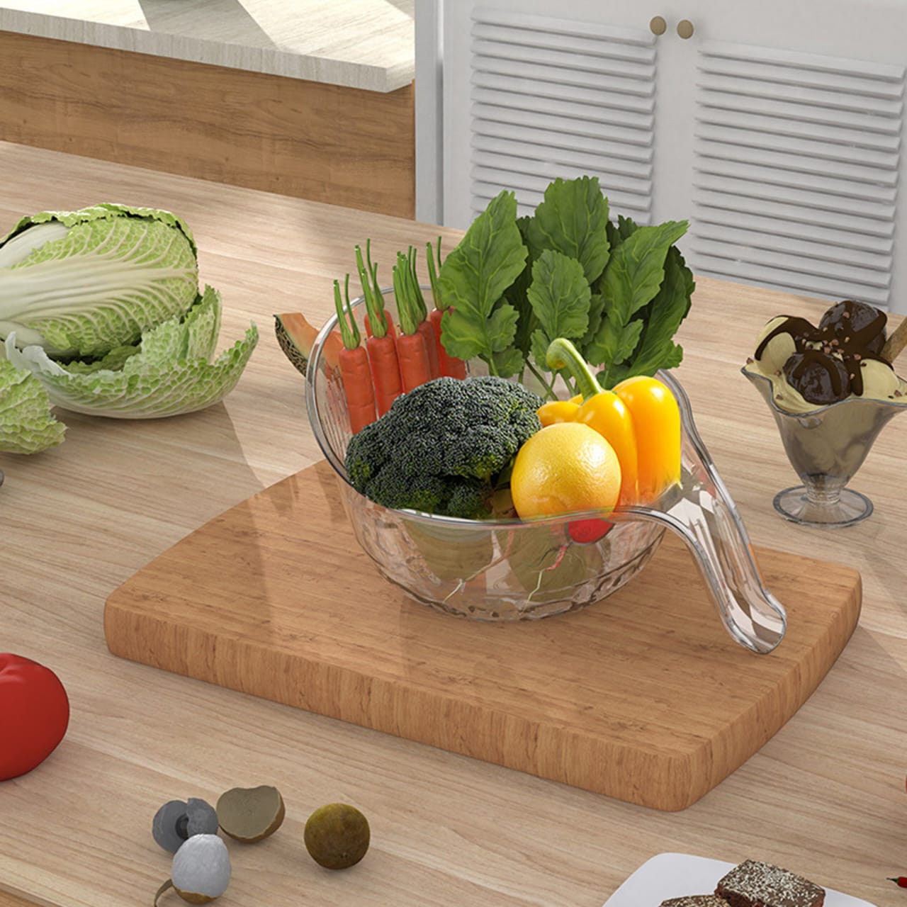 Acrylic fruit cleaning bowl with built-in strainer.
