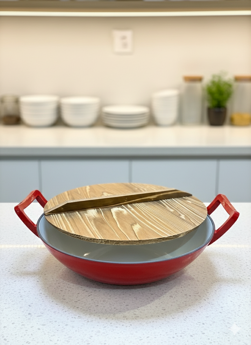 Enamel Non-Stick Cast Iron Wok Pan With Wooden Lid