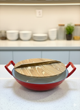 Enamel Non-Stick Cast Iron Wok Pan With Wooden Lid