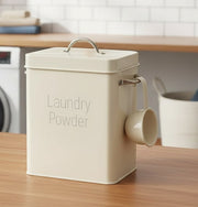 Laundry powder storage container with scoop in cream and pink colors