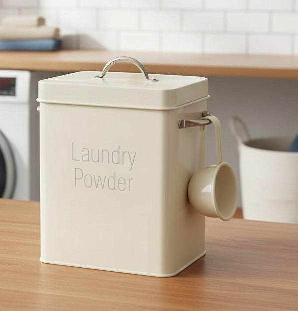 Laundry powder storage container with scoop in cream and pink colors