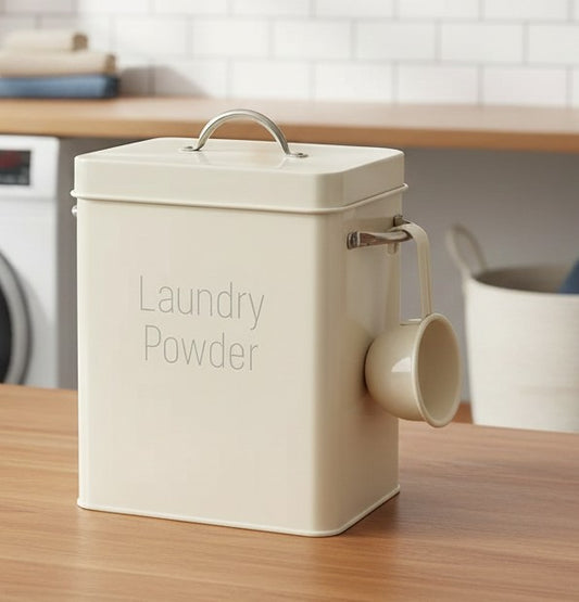Laundry powder storage container with scoop in cream and pink colors