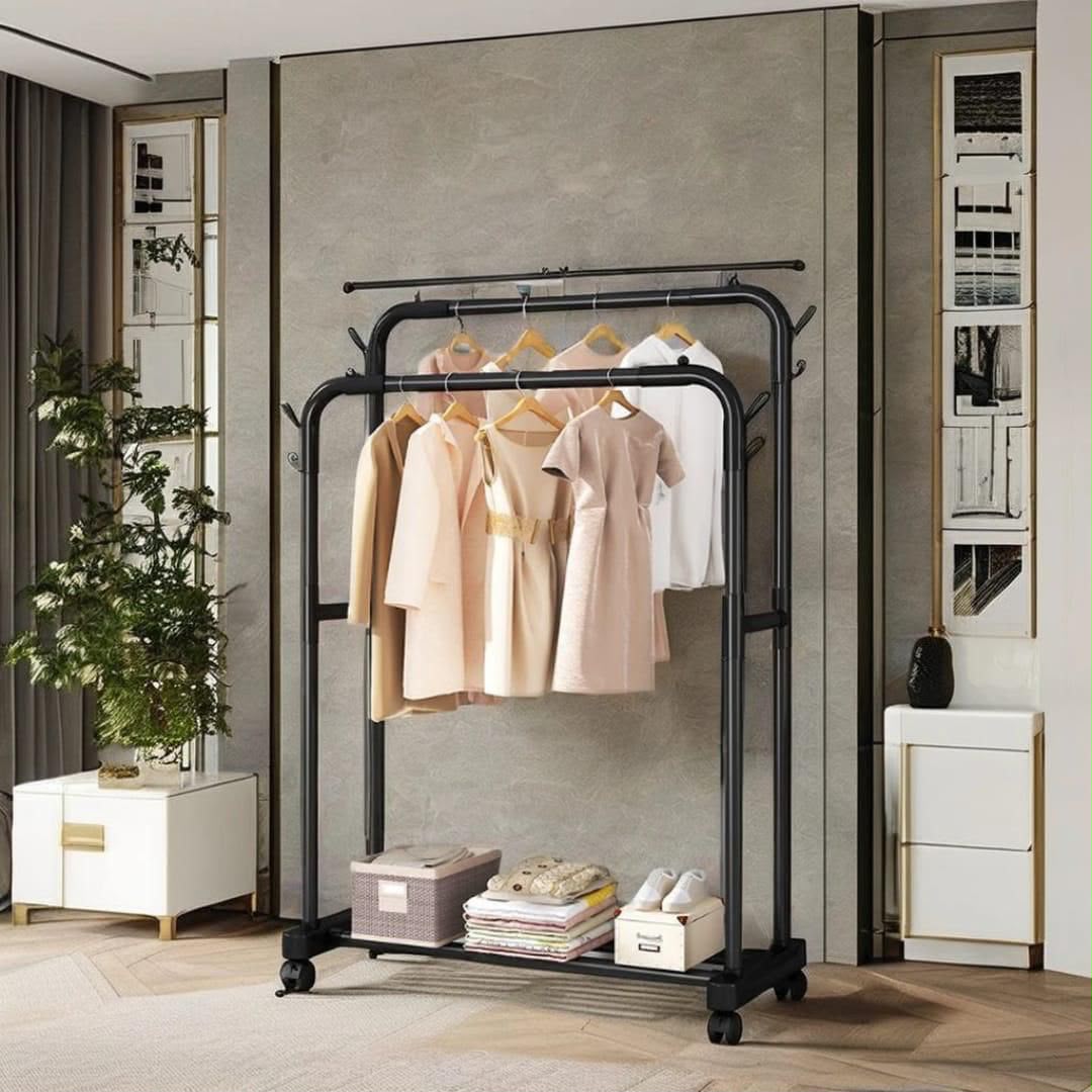 Double Pole Wheeled Clothes Rack with Bottom Shoe Rack