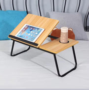 Adjustable tilting laptop folding table desk with foldable legs in black, brown, and cream.