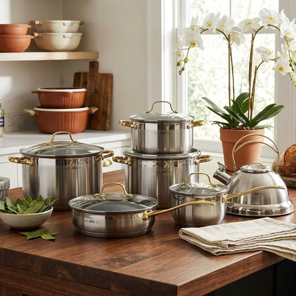 12pcs Stainless Steel Cookware Set with Kettle Mirror Polished