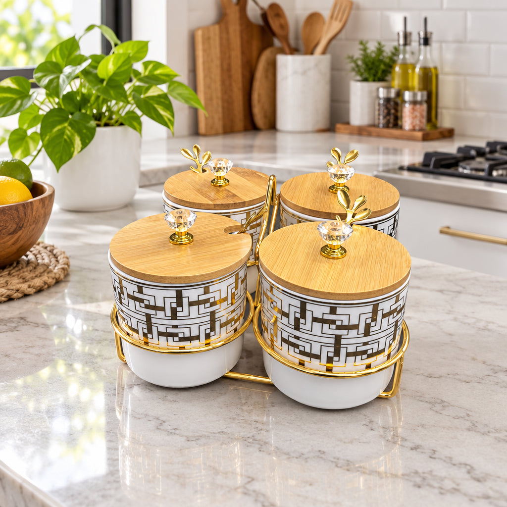 4 piece ceramic kitchen canister set with bamboo lids and gold stand for countertop storage