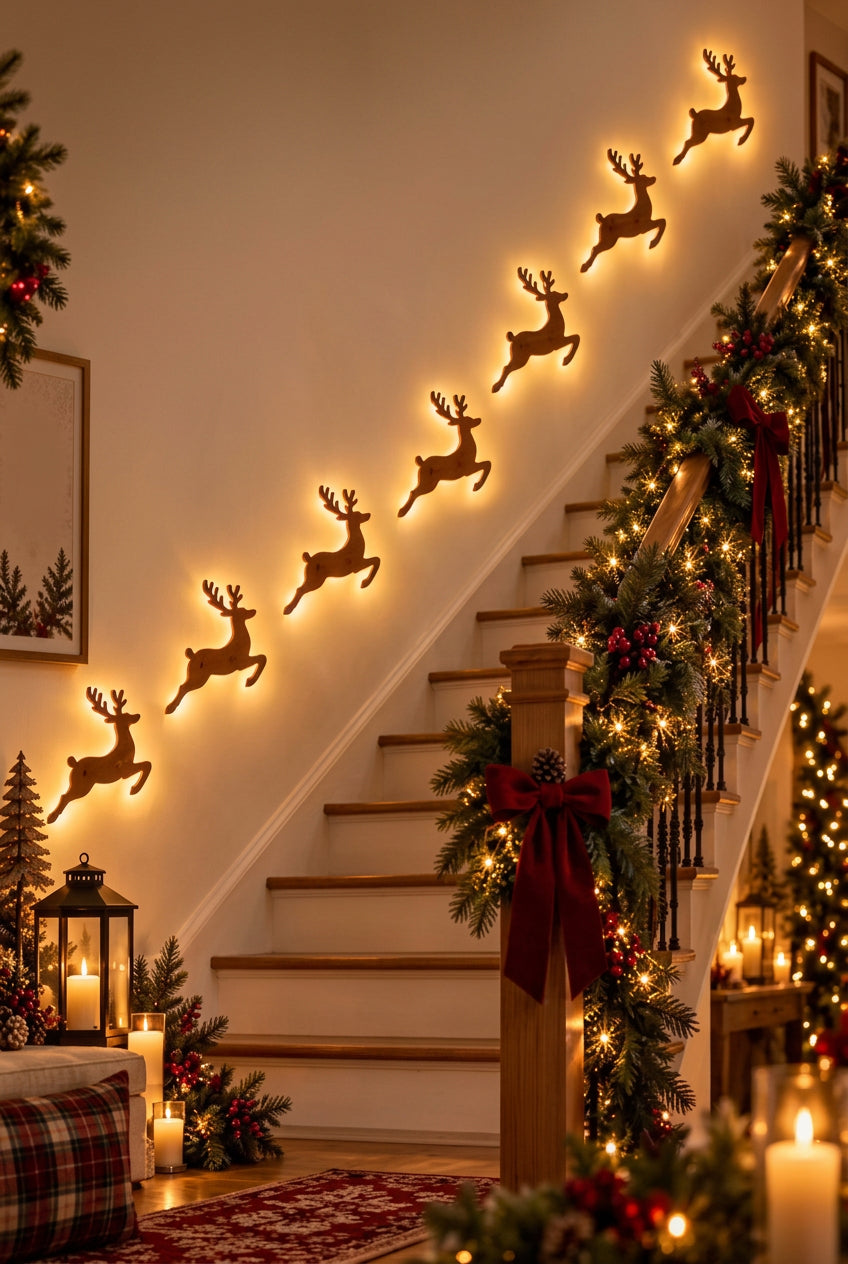 Set of 7 3D Reindeer and Santa Christmas Wall Decorations with Lighting