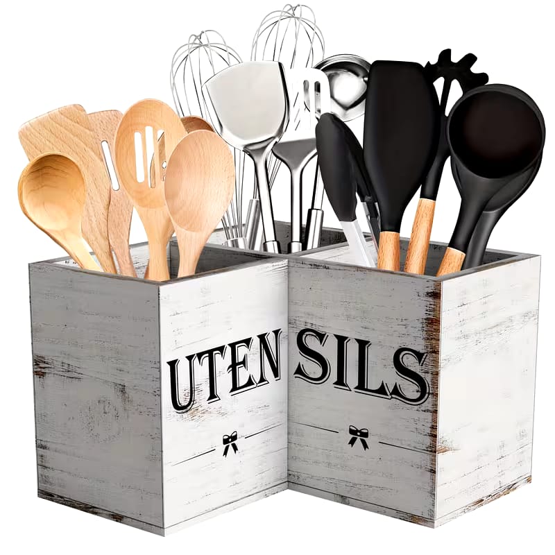 Wooden Kitchen Utensils Holder with White Rustic Finish
