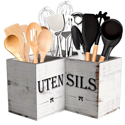 Wooden Kitchen Utensils Holder with White Rustic Finish