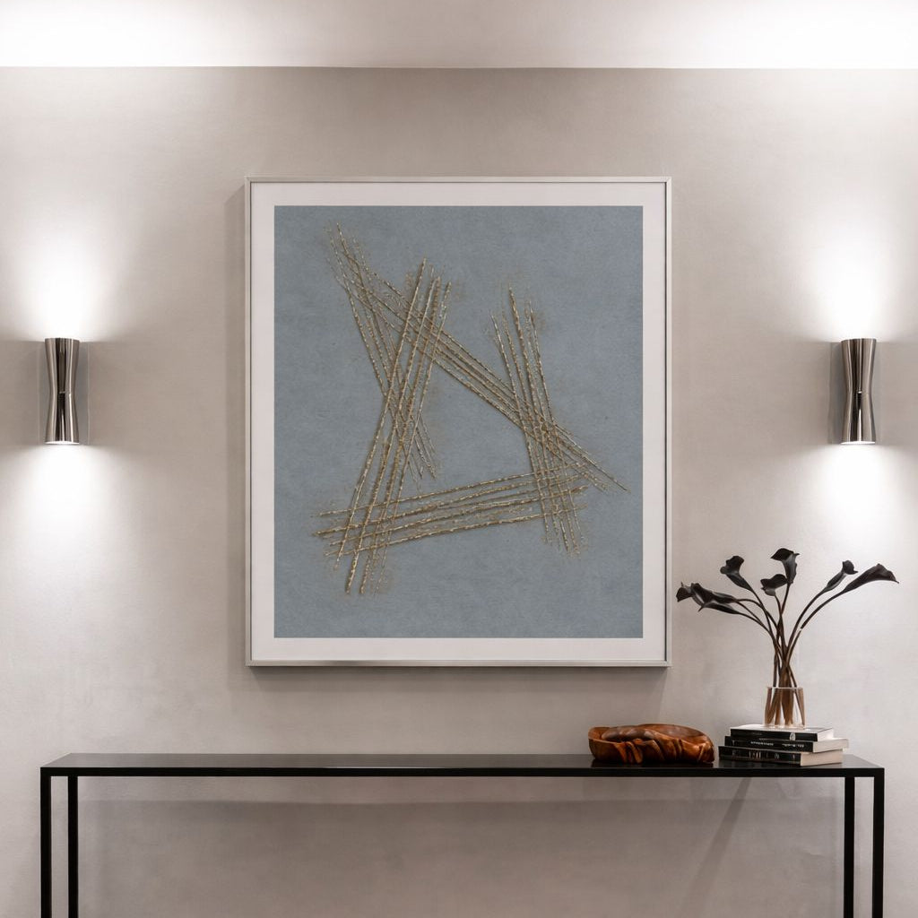 Contemporary abstract wall art with geometric metallic layers for modern interior décor