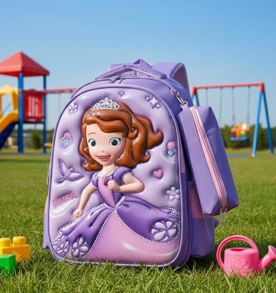 Preschool cartoon themed waterproof school backpack with pencil pouch
