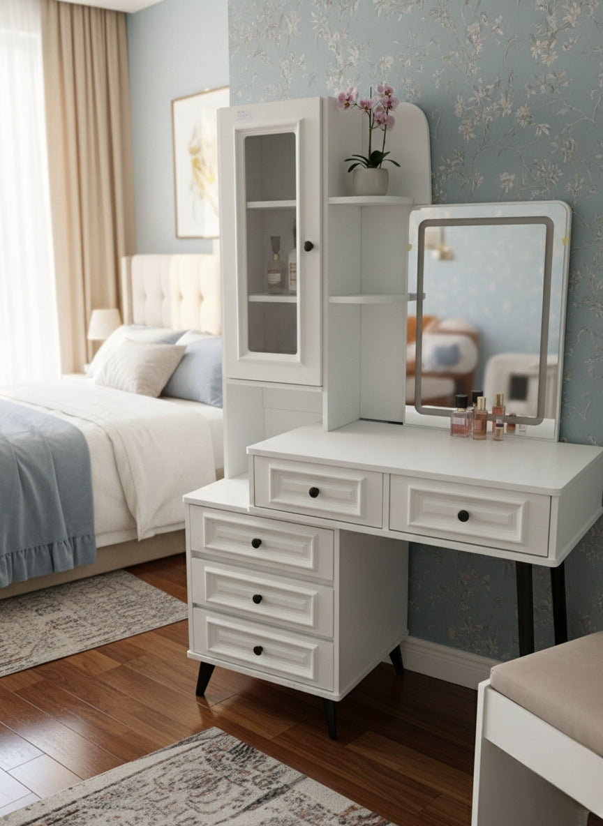 Modern LED dressing mirror with integrated lighting for bedroom or dressing area.
