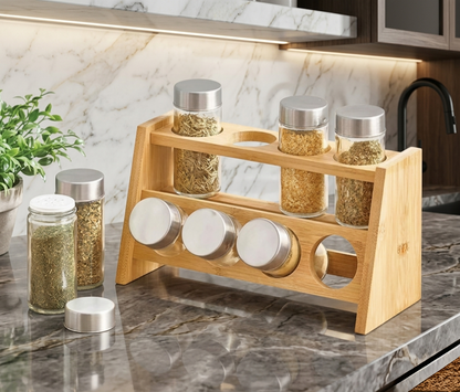 8 Piece spice jar set with wooden rack and bamboo lids for organized kitchen storage
