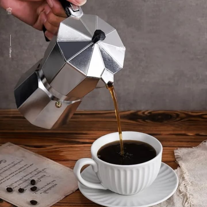 Classic Italian stovetop moka coffee pot with six hundred millilitre capacity
