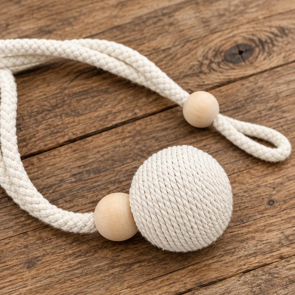 Curtain Tieback with Natural Wood Beads and Knotted Ball – Pair