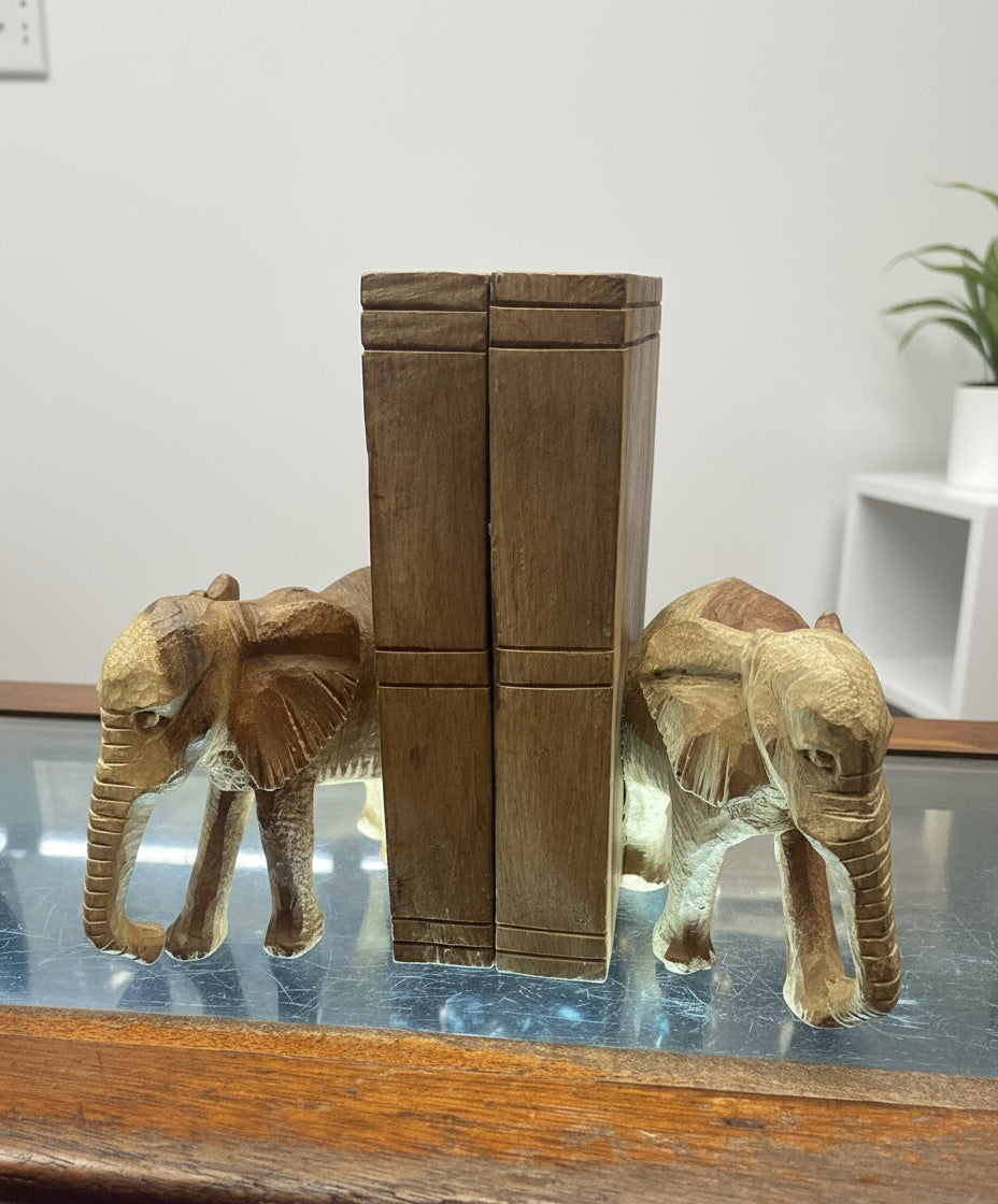 2pc Handcrafted Wooden Elephant Bookend