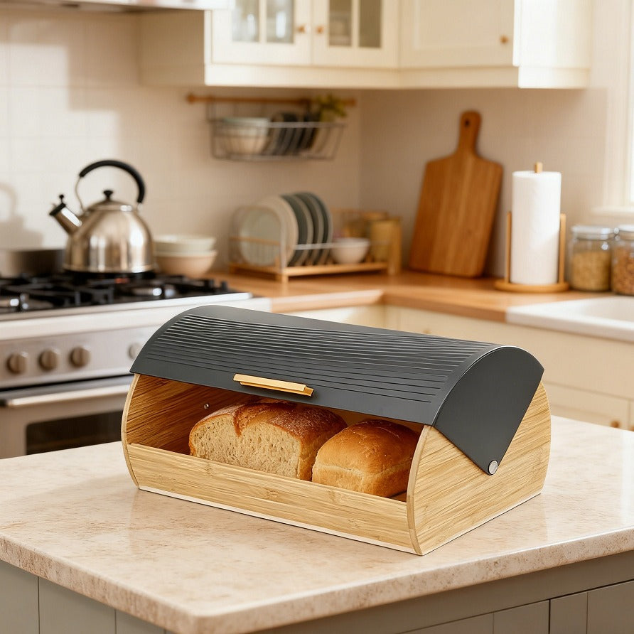Bamboo Bread Box with Black Roll Top Lid