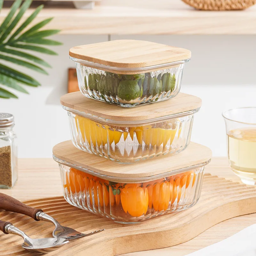 3PcsRibbed Glass Food Storage Containers