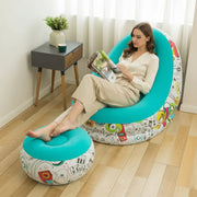 Inflatable lazy sofa chair with footrest and pumps for indoor and outdoor relaxation