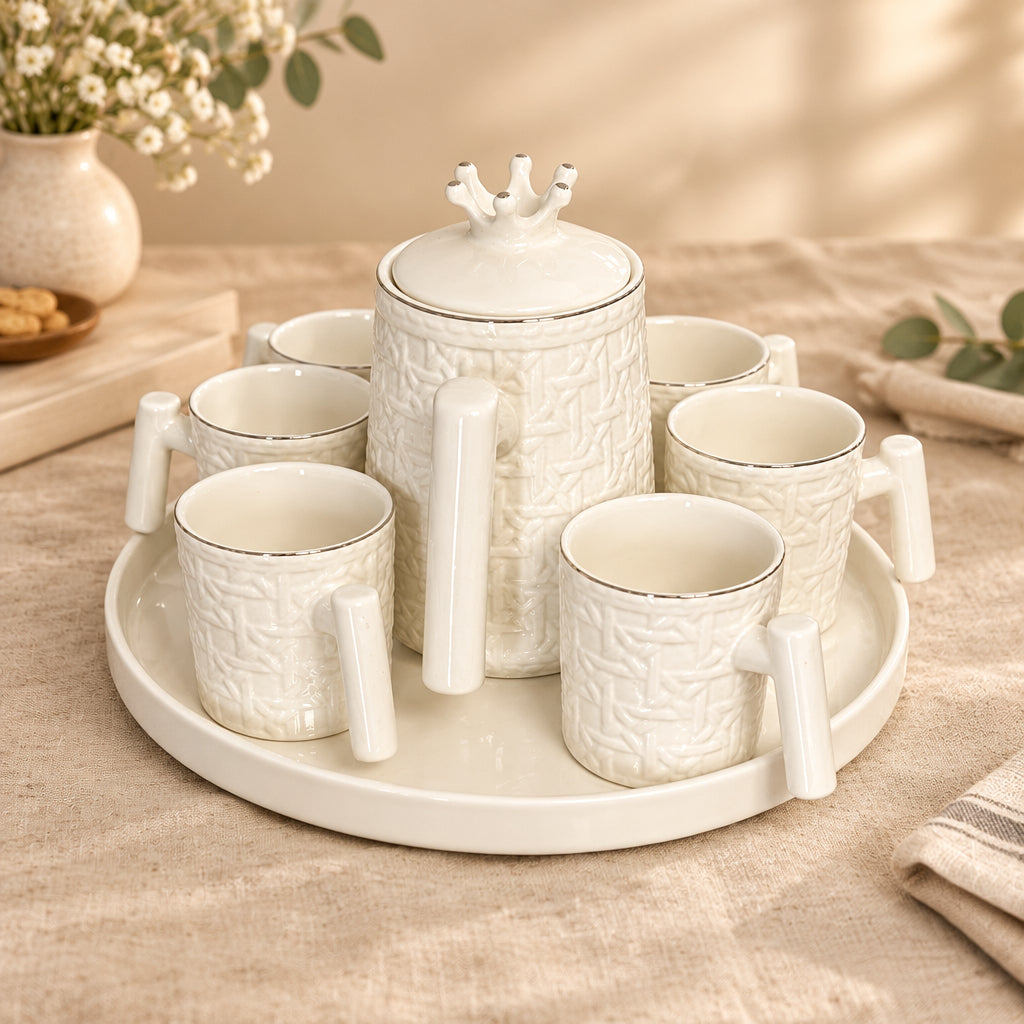 Crown Tea Set with Teapot, 6 Mugs and Rotating Round Tray in Glossy White with Gold Details - available in Nairobi, Kenya