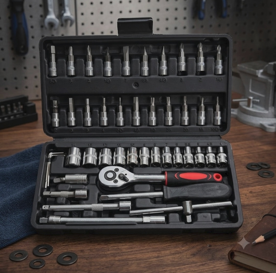 46 piece socket tool set with ratchet handle sockets screwdriver bits extensions and storage case for home garage workshop automotive repairs and DIY projects.