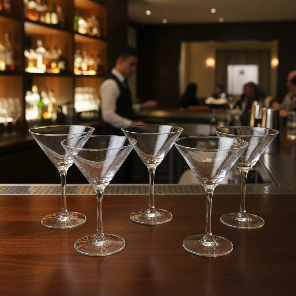 Set of 6 clear 190ml martini cocktail glasses.