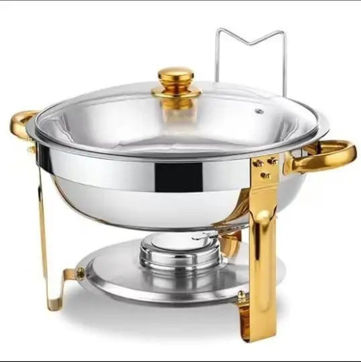 5 litre stainless steel chafing dish with glass lid and gold handles.