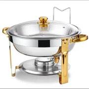 5 litre stainless steel chafing dish with glass lid and gold handles.