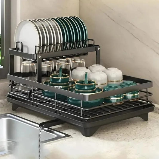 2 tier black carbon steel dish rack with cutlery and chop board holder