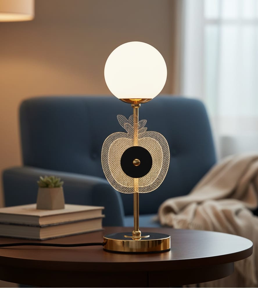 Apple glow LED table lamp with white glass globe and warm lighting