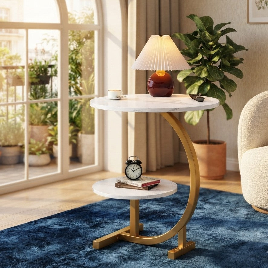 Double Layer C Shaped Side Table with Marble Effect Top