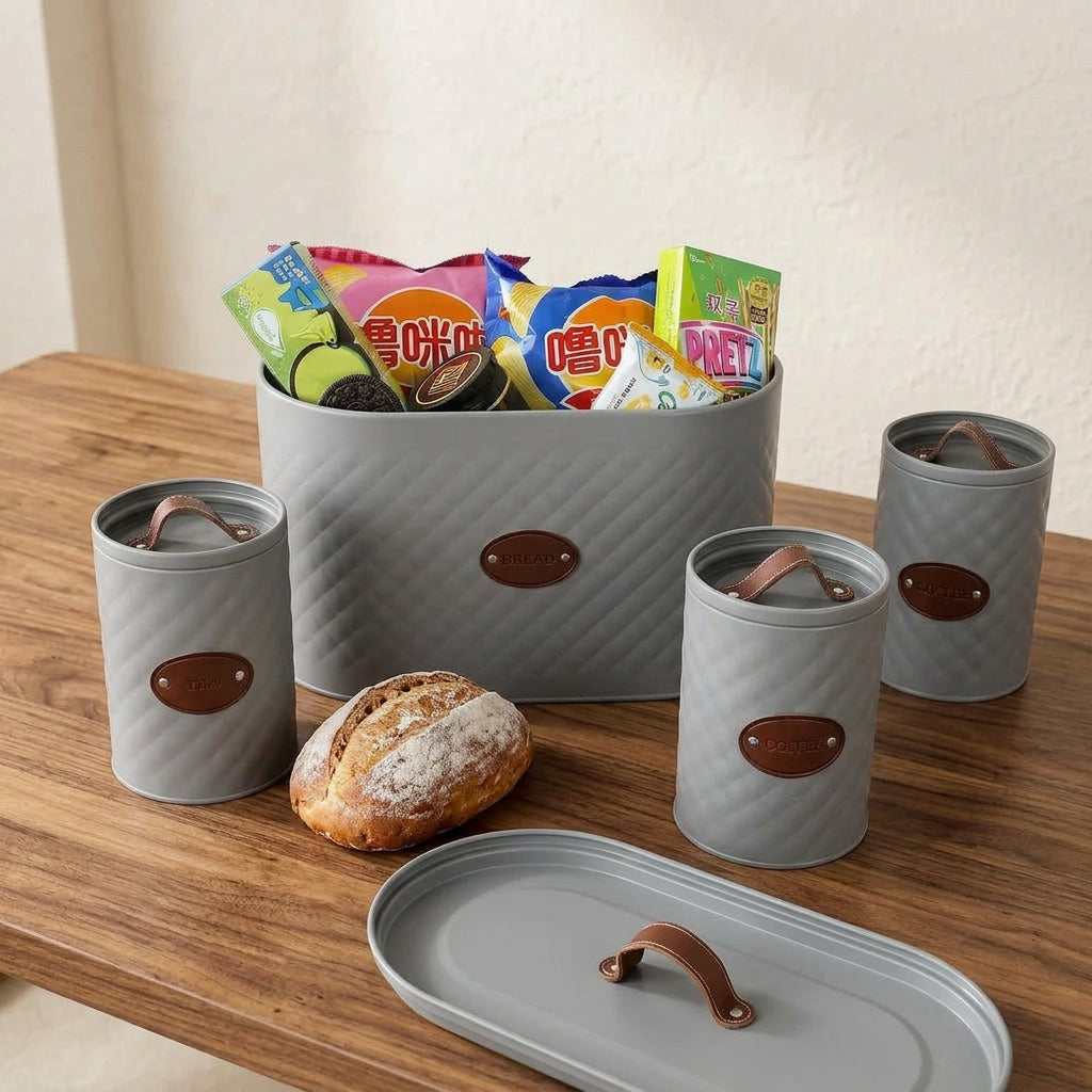 4 Piece Quilted Metal Bread Bin and Tea, Sugar and Coffee Canister Set