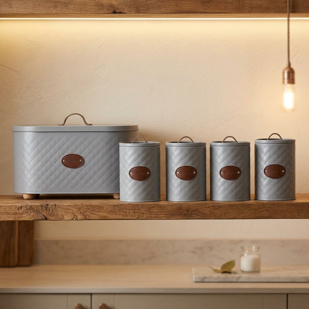 4 Piece Quilted Metal Bread Bin and Tea, Sugar and Coffee Canister Set with Rope Handle and Lids available in Nairobi, Kenya