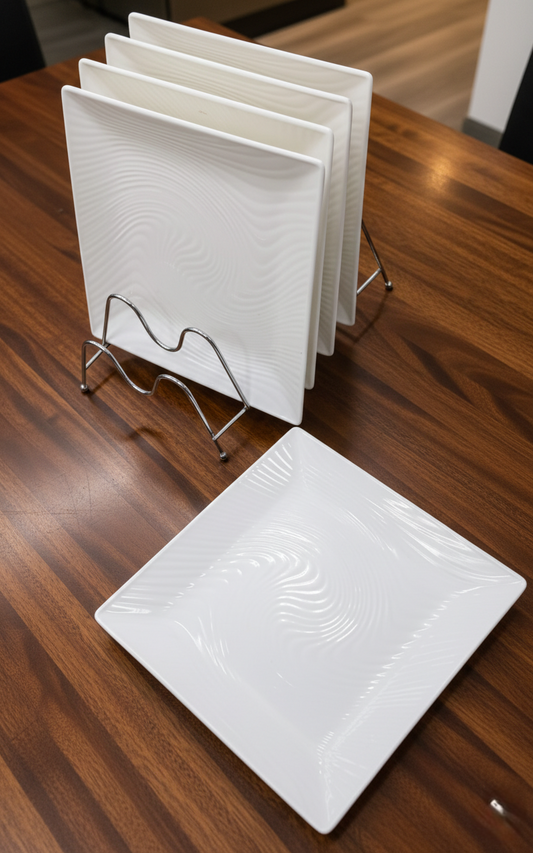 Set of 12 square melamine plates for modern dining use.